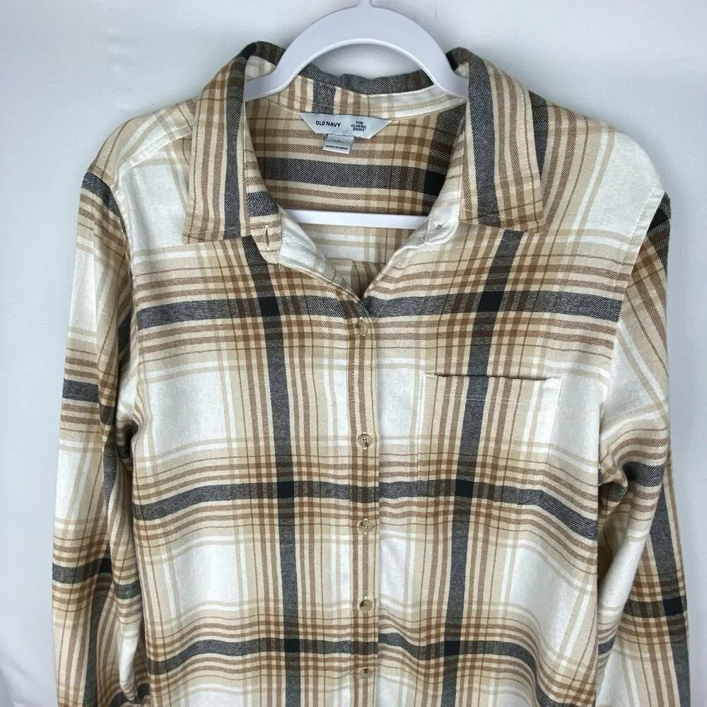 Old Navy Shirt Women LT Cream‎ Plaid Flannel Button Up Classic Fit 100% Cotton